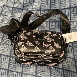 NWT Betsy Johnson Black & Pink Butterfly Print Crossbody Bag